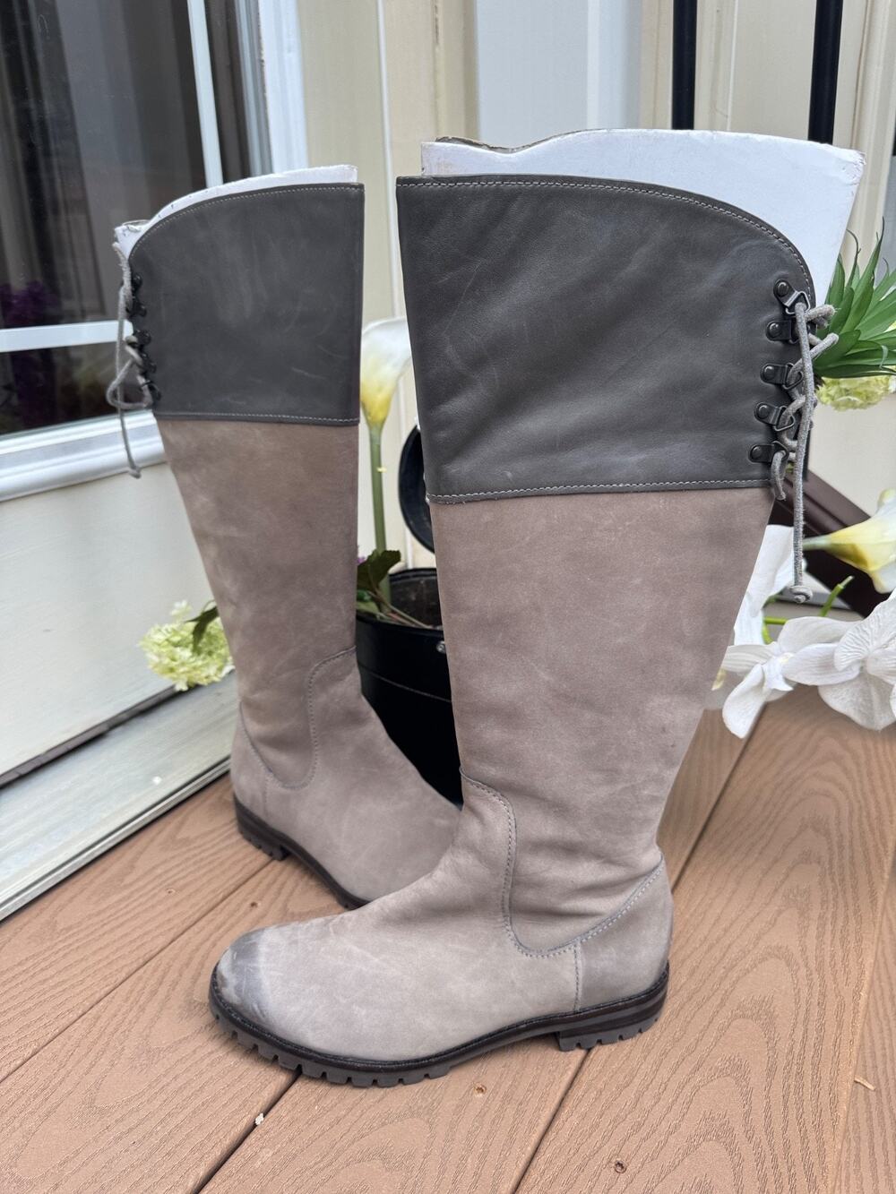 Cole Haan D35374 Gray Distress Leather Suede Corset Back Boots Size 8.5 (1400